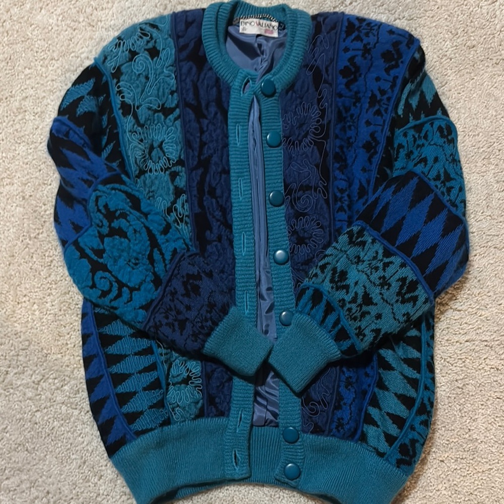 Vintage Dino Valiano Teal and Blue Patterned Lined Cardigan Size 40